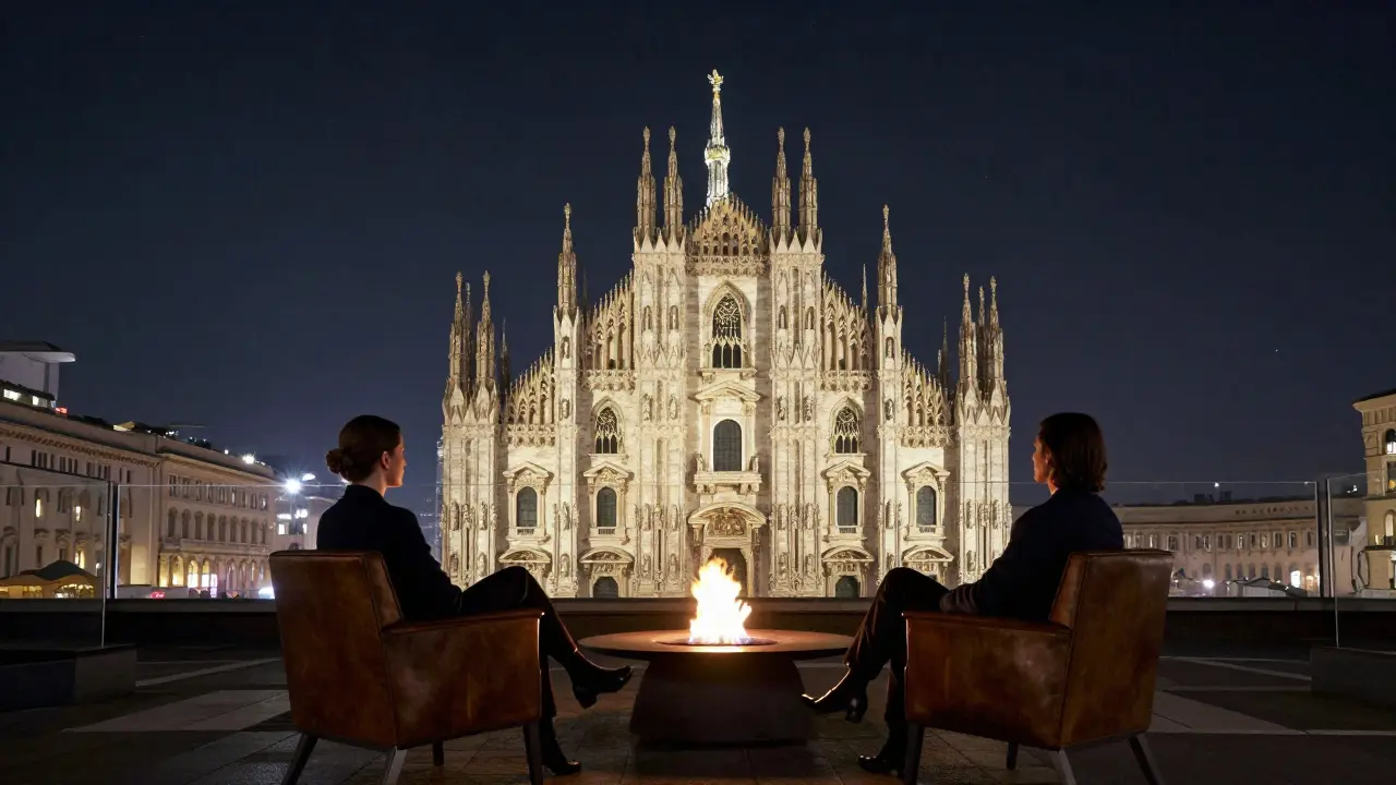 A couple on a hidden rooftop at midnight, the Duomo glowing below, fire pit flickering, clear sky overhead.