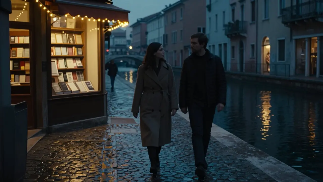 A couple walking peacefully along the Navigli canals at night, reflected lights glowing on the water.