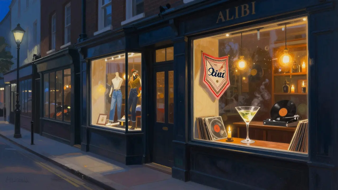 A cozy vintage boutique in Notting Hill glows warmly at night, with a candlelit bar visible through the window.