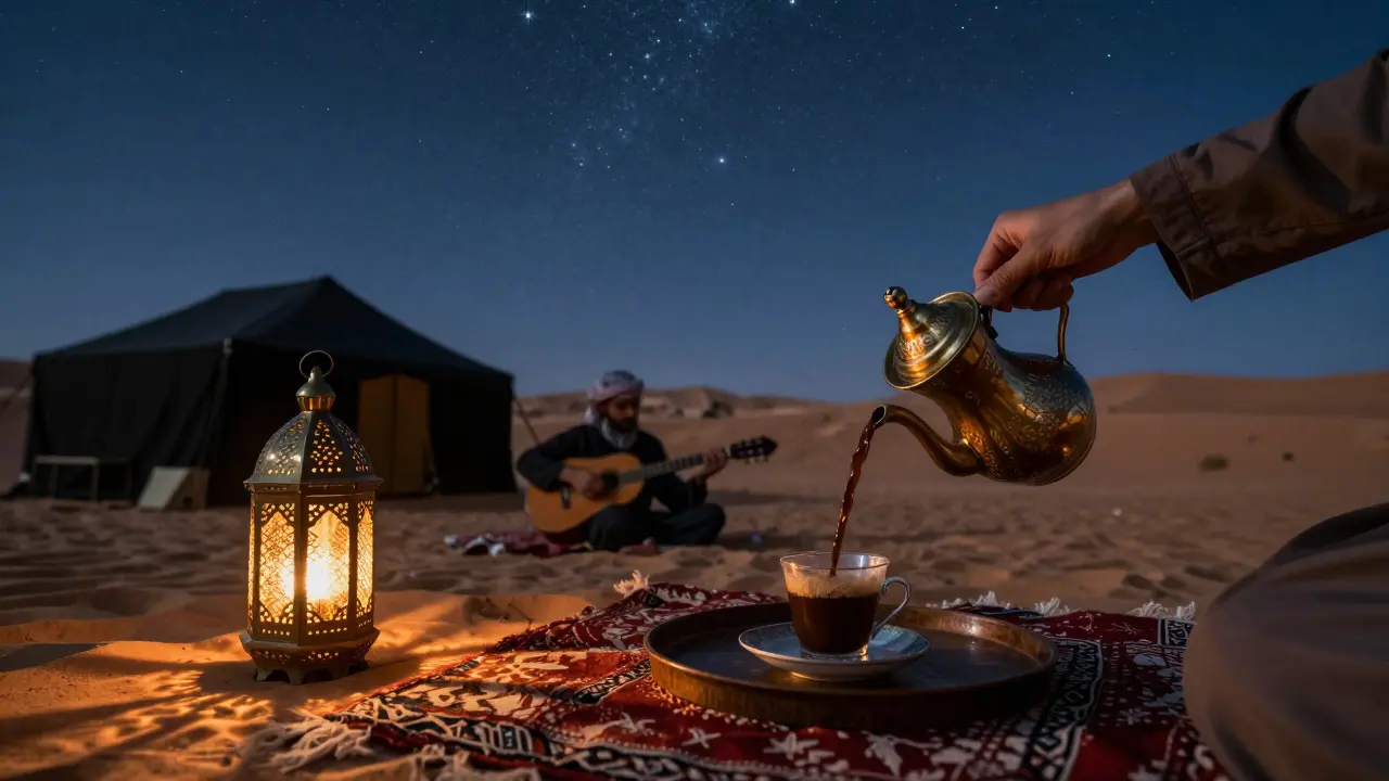 A desert luxury tent under starry skies, hands pouring Arabic coffee, warm lantern light on sand textures.