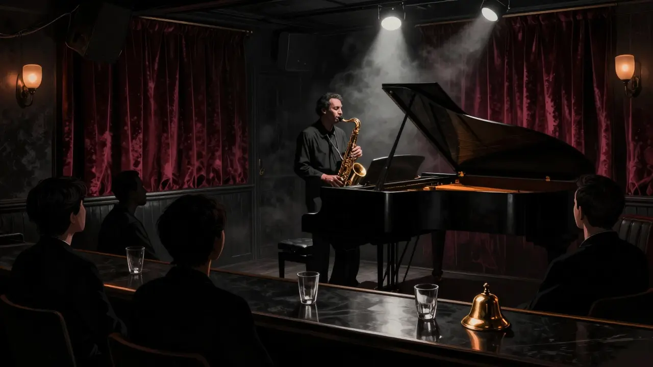 A dim jazz club with a spotlight on a saxophonist playing at a grand piano, audience in shadow.
