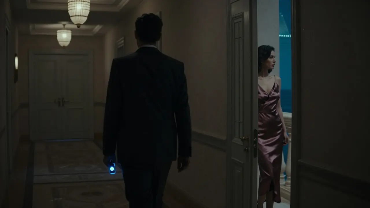 A discreet figure walking through a grand hotel corridor at night, symbolizing privacy and refined companionship.