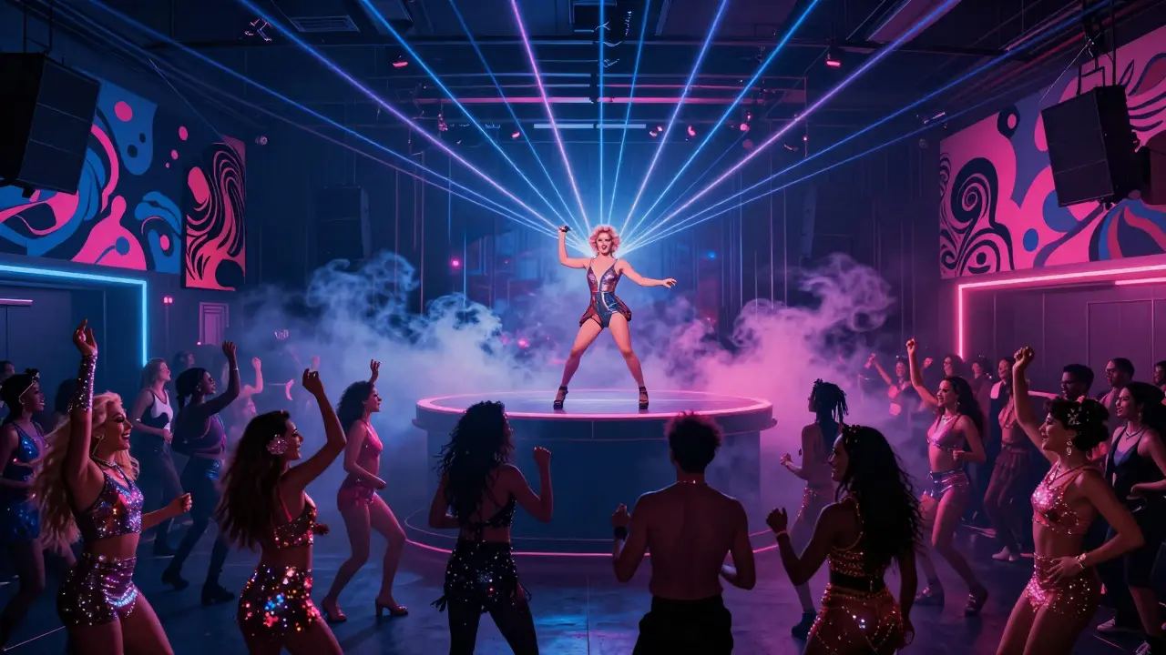 A drag performer on a floating stage at Le Palace, surrounded by laser lights and a dancing, joyful crowd.