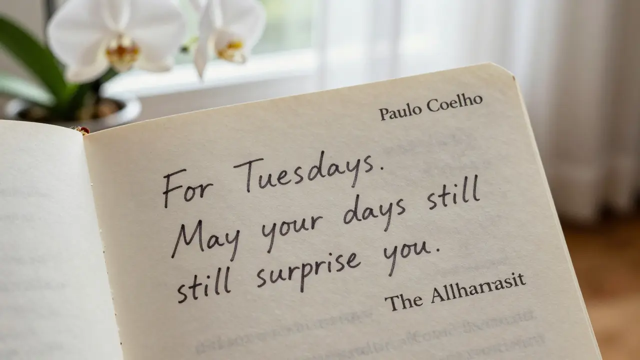 A handwritten note on paper resting on a book, with a white orchid visible in the blurred background.