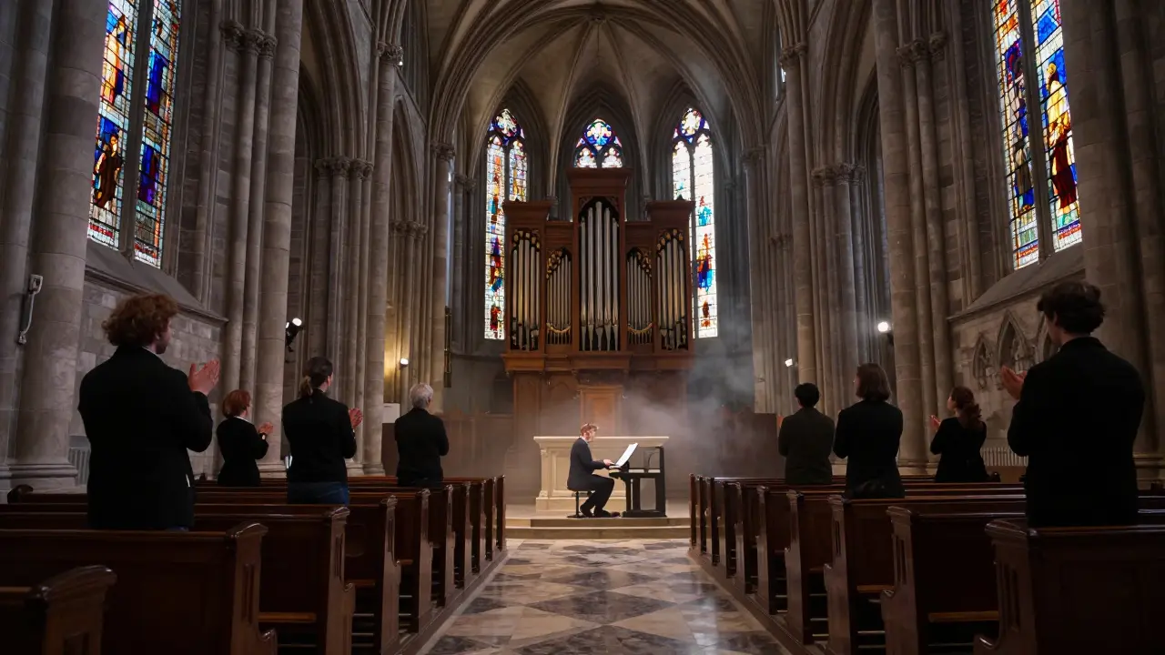 A historic church at night filled with haunting music, stained glass light, and silent attendees in dark clothing.
