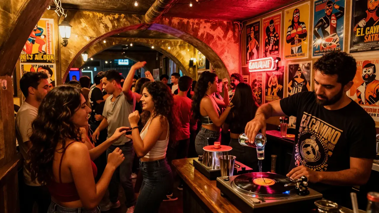 A lively Mexican dive bar with dancing patrons, lucha libre posters, and a bartender pouring mezcal.