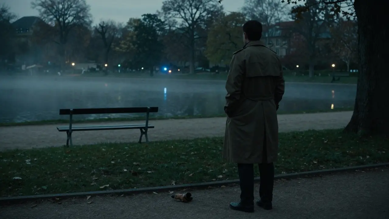 A lone figure in a trench coat at the edge of a deserted Parisian park at dusk.