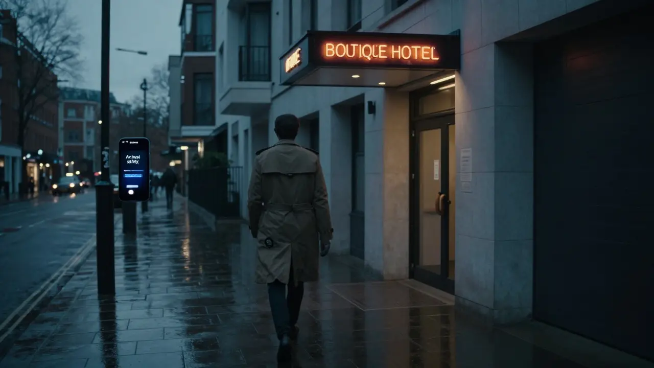 A lone figure walking away from an apartment in rainy London, holding a safety device.