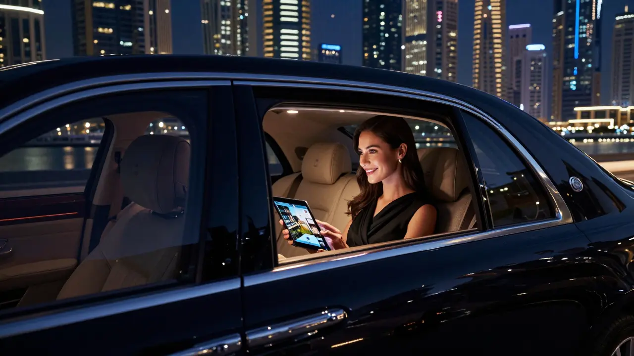 A luxury car cruising Dubai Marina at night with a professional companion and client inside, illuminated by soft interior lights.