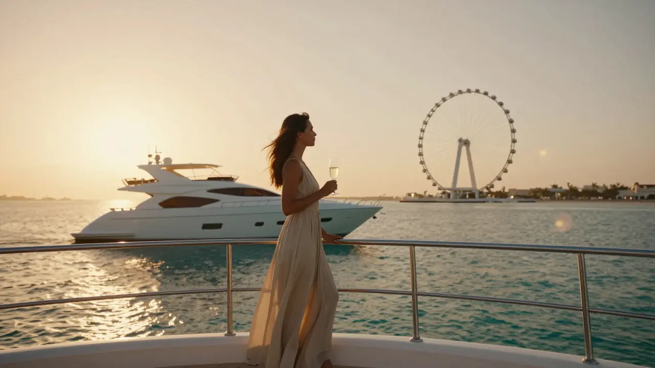 A luxury yacht at sunset off Bluewaters Island, woman standing at the rail with champagne, serene and discreet.