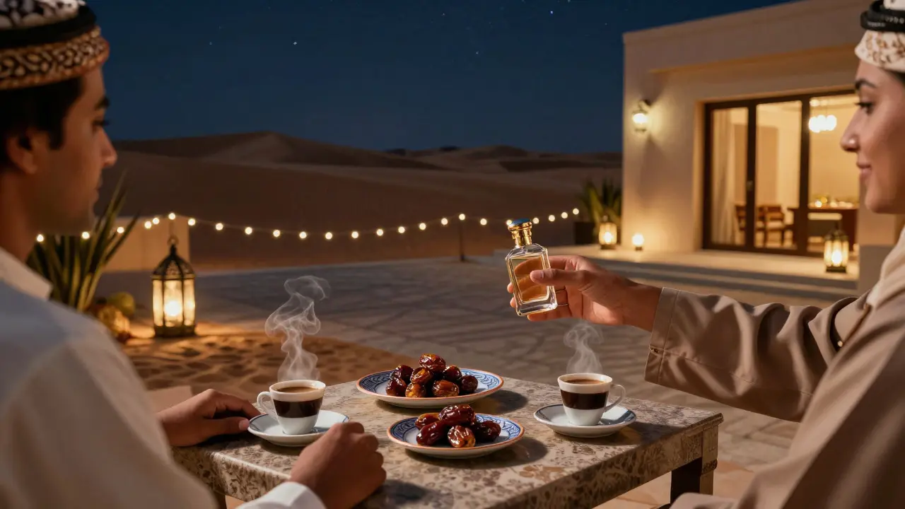 A man and woman enjoying a private evening meal on a villa terrace in Dubai, with Arabic coffee and date truffles on display.