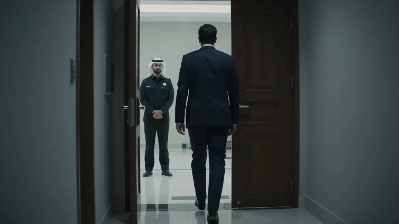A man leaving a hotel room, his reflection showing the escort watching him silently in the floor.
