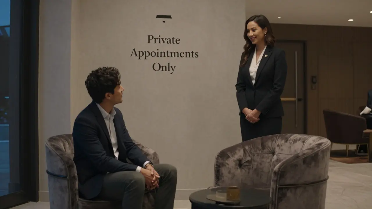 A man waits respectfully in a high-end hotel lobby as an escort approaches, emphasizing discretion and professionalism.