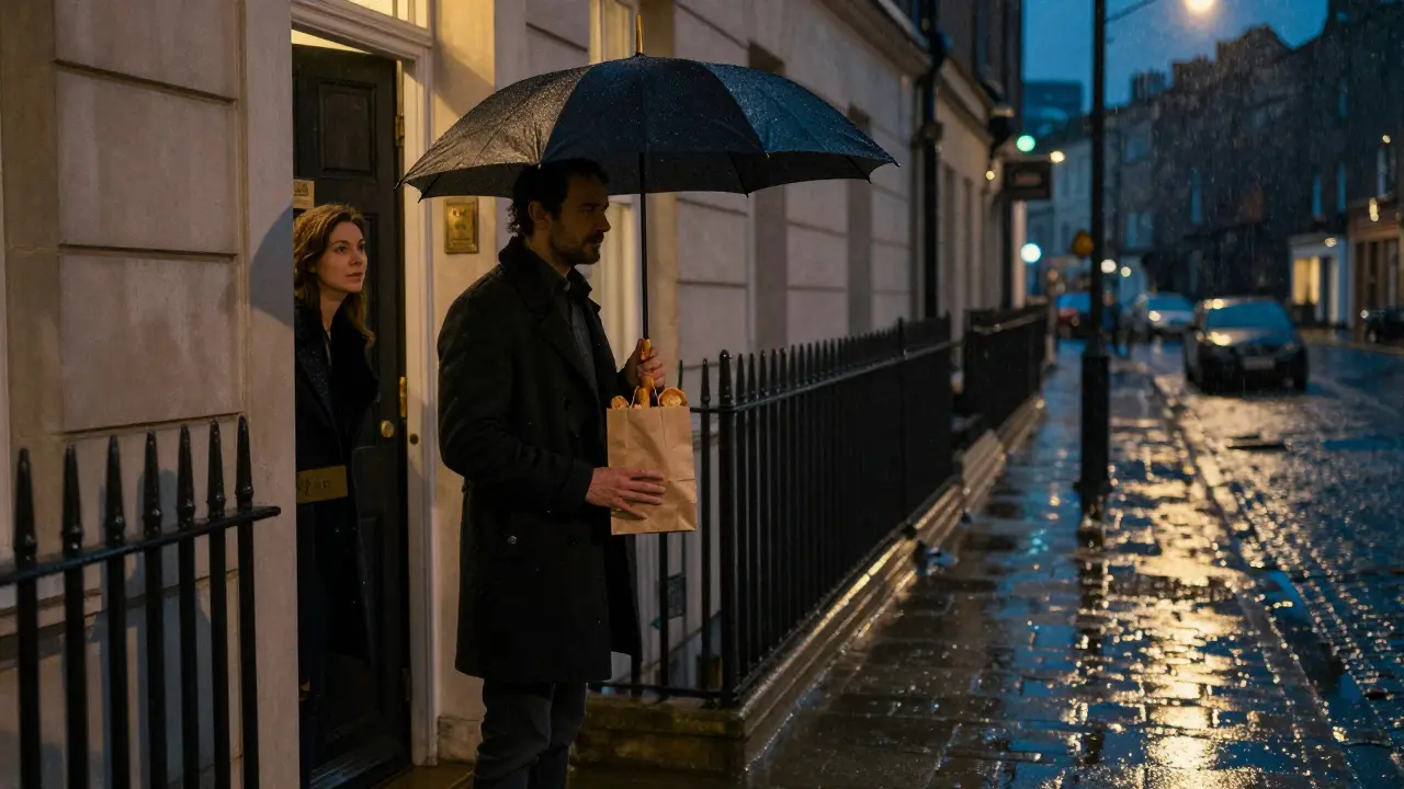 A man waits respectfully outside a London townhouse at night, holding a small gift as the door opens slightly.