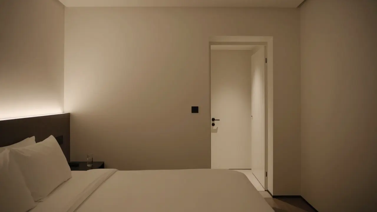 A minimalist hotel suite with no visible electronics, warm low lighting, and serene stillness.