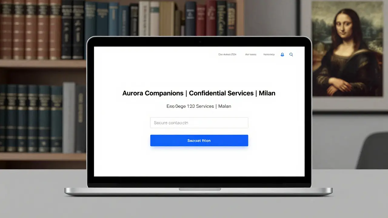 A minimalist professional website for a confidential Milan companion service, displayed on a laptop with no photos.
