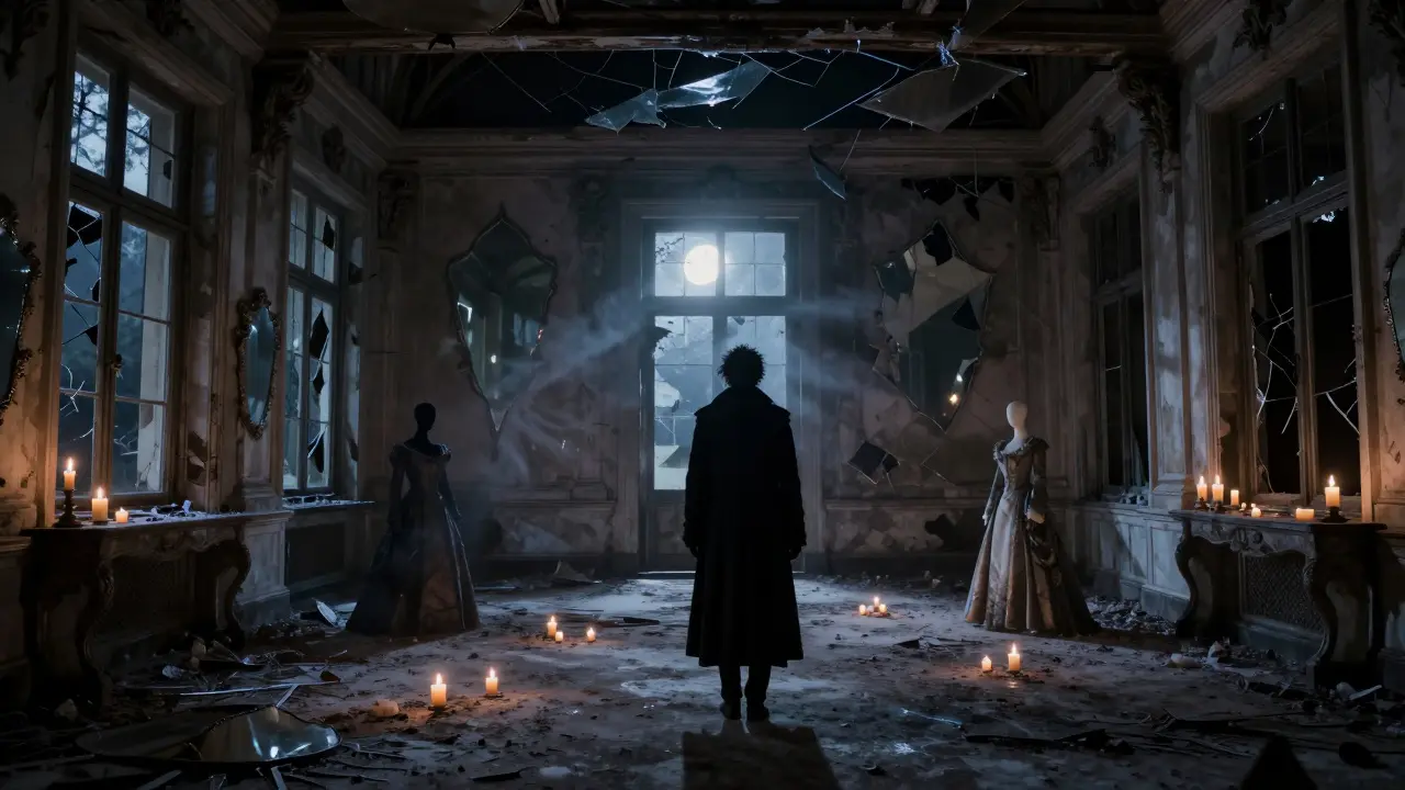 A moonlit ruined castle with floating candles and a lone figure amid broken mirrors and mannequins.