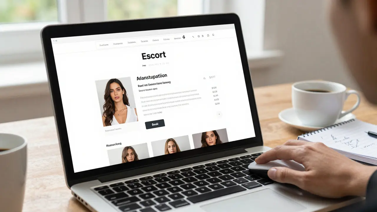 A professional escort profile on a trusted website, with real photos and clear details, viewed on a laptop.