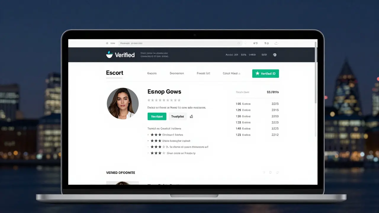 A professional escort website with verified profiles and transparent pricing displayed on a laptop screen.