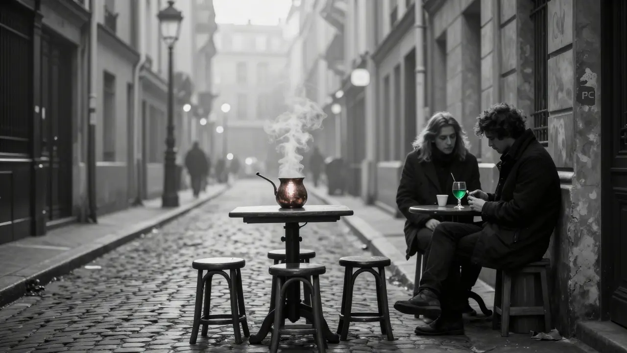 A quiet alley at dawn with a copper absinthe pot and two figures sharing silent moments after midnight.