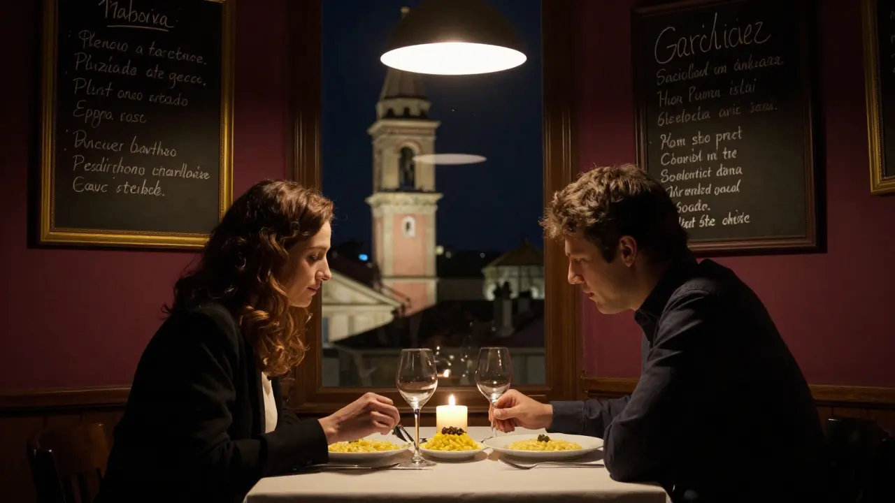 A quiet dinner in Brera with saffron risotto, candlelight, and a view of a church bell tower at night.
