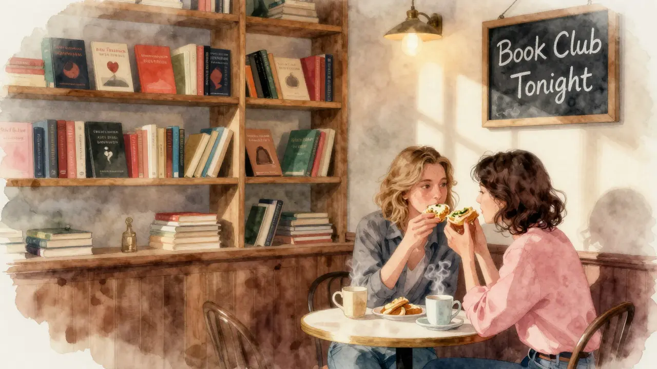 A quiet lesbian-owned café with bookshelves, people sharing pastries under warm lamplight.