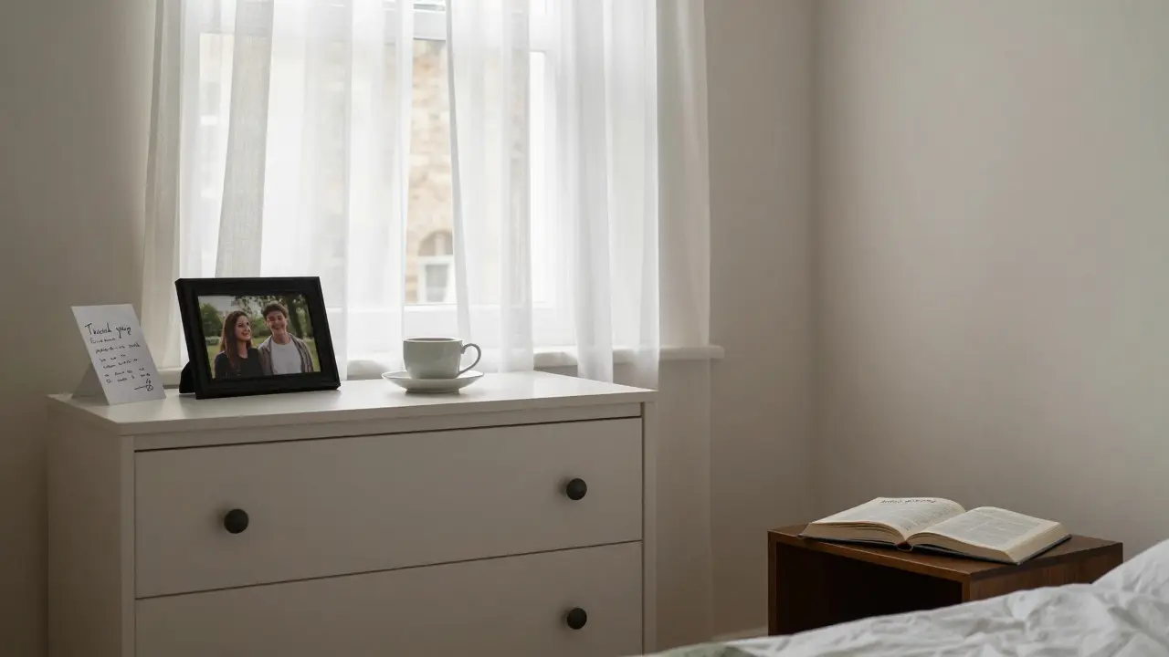 A serene bedroom in London with a handwritten note, teacup, and Polish baking book, symbolizing thoughtful connection.