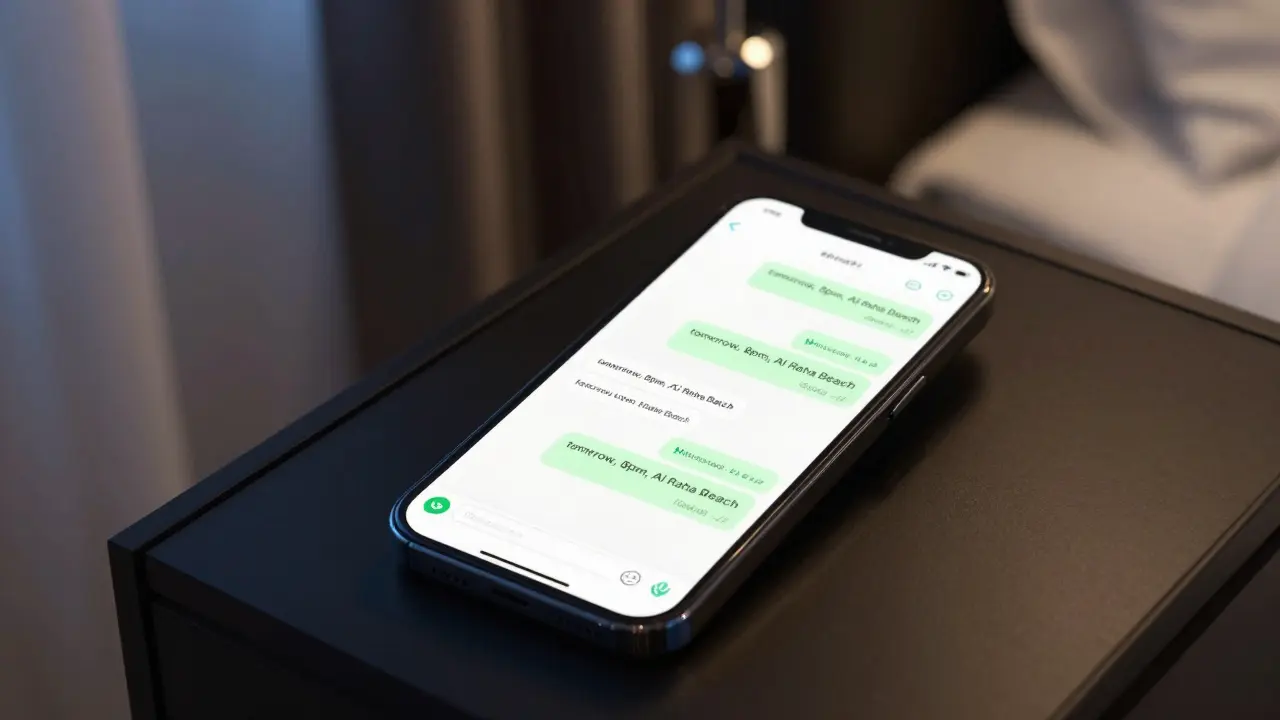A smartphone displays encrypted messages on a hotel nightstand, no faces visible, only text and ambient light.