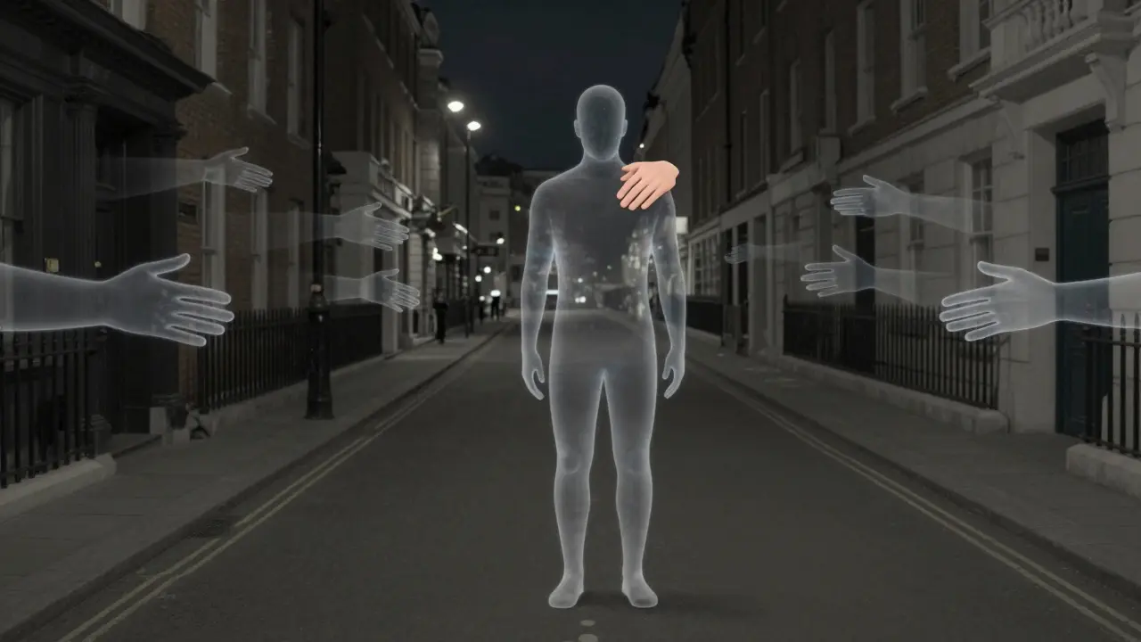 A solitary figure in a dark London street is gently supported by one solid hand, while many translucent hands reach out from surrounding buildings.