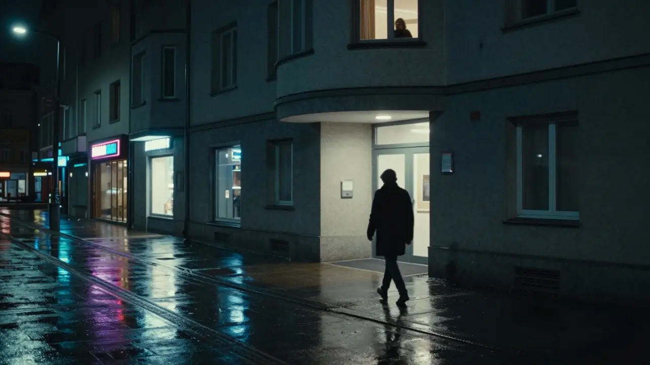 A solitary figure walking away from an apartment building at night in Berlin.
