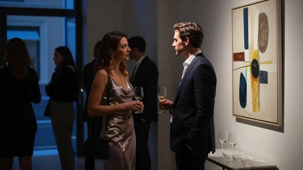 A sophisticated couple conversing privately at an exclusive art gallery opening.