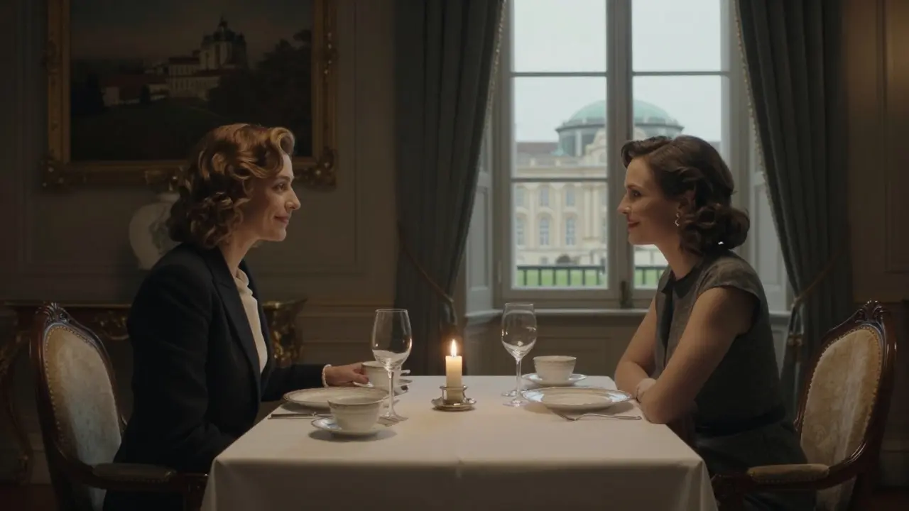 A sophisticated dinner setting with elegant tableware and Potsdam palace in the background.