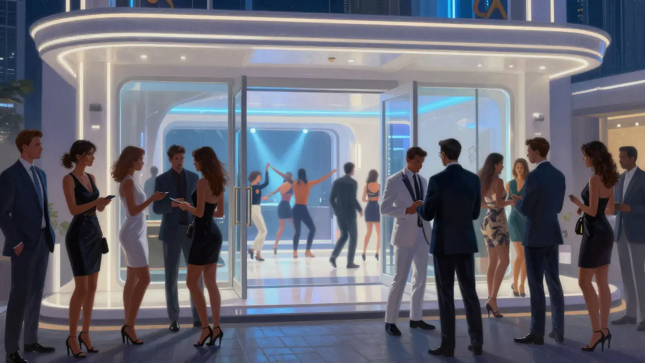 A stylish crowd waiting to enter a high-end nightclub, dressed elegantly under soft ambient lighting.