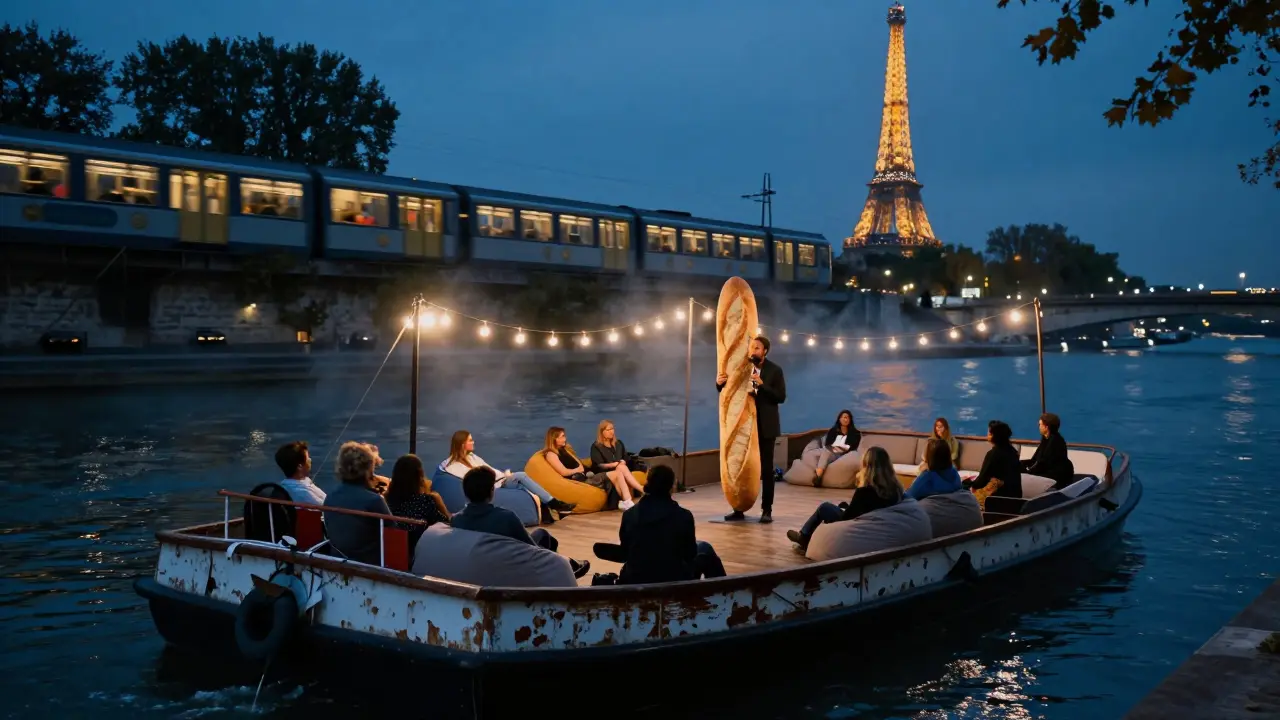 A surreal comedy act on a river barge, performer dressed as a baguette under string lights at night.