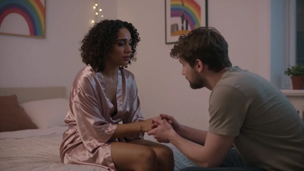 A trans woman and her client holding hands in a gentle, emotional moment in a softly lit bedroom.
