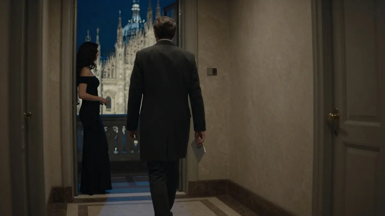 A well-dressed traveler and a composed companion in a luxury hotel, their presence silent and respectful, facing the Duomo at night.