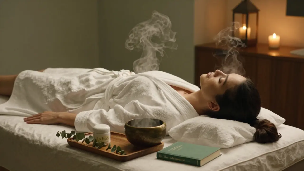 A woman relaxing in a luxurious spa, surrounded by skincare products and a book, bathed in soft, calming light.