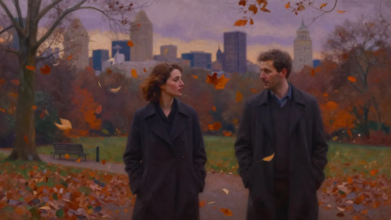 A woman walks beside a man in Hyde Park at dusk, listening attentively as autumn leaves fall around them.