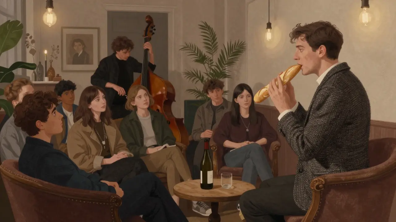 An artsy comedy show with live music, audience relaxed in vintage chairs under soft bulbs.