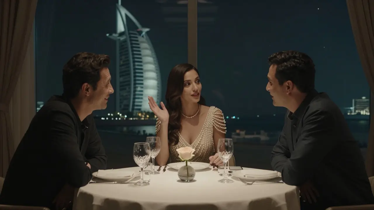 An elegant private dinner at Burj Al Arab with a companion and client engaged in thoughtful conversation under ambient lighting.