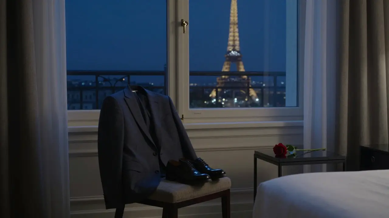 An empty hotel room in Paris at night, with neatly placed clothes and a rose, conveying quiet closure and dignity.