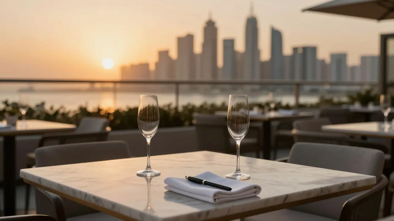 An empty upscale rooftop lounge at sunset with champagne flutes and a folded napkin, city skyline in background.