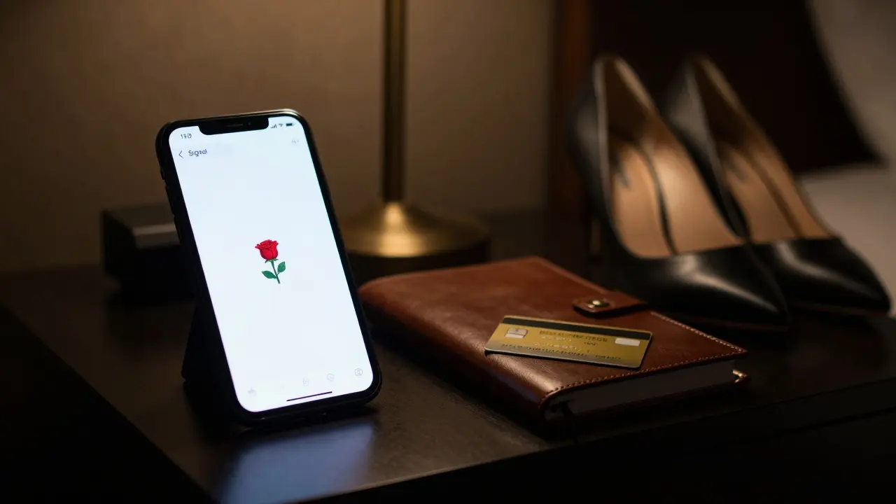 An encrypted phone glows in a dark hotel room beside a notebook and heels, symbolizing discreet companionship.