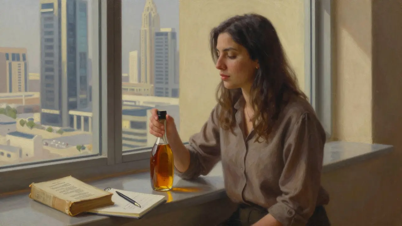 An escort holding a bottle of date syrup, with poetry and a notebook beside her in soft sunlight.
