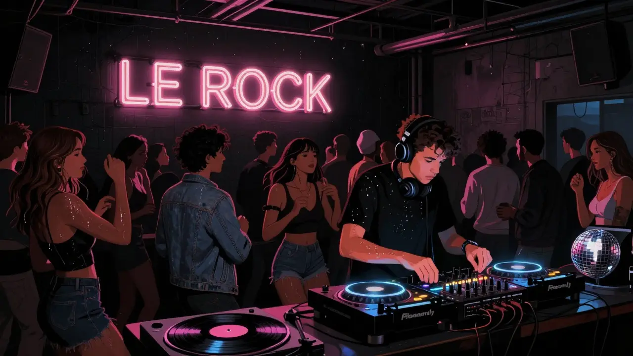 An underground nightclub with flickering neon lights and a crowd dancing to electronic music in a black-walled warehouse.