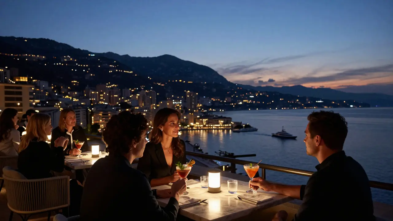 Calm guests at a rooftop bar at dawn, city lights and sea stretching into the horizon.