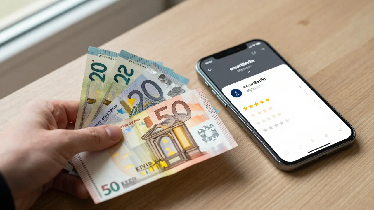 Cash payment on a table next to a verified escort platform on a smartphone.