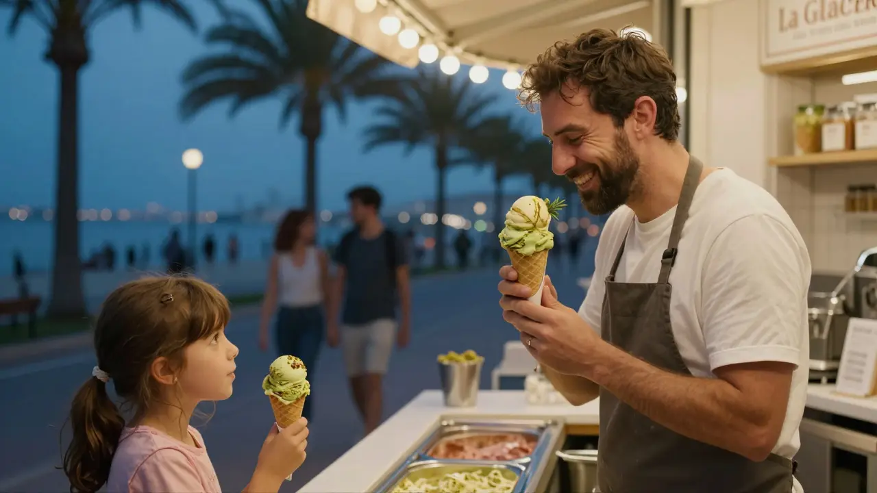 Children tasting gelato at a cozy shop while families stroll along a softly lit promenade.