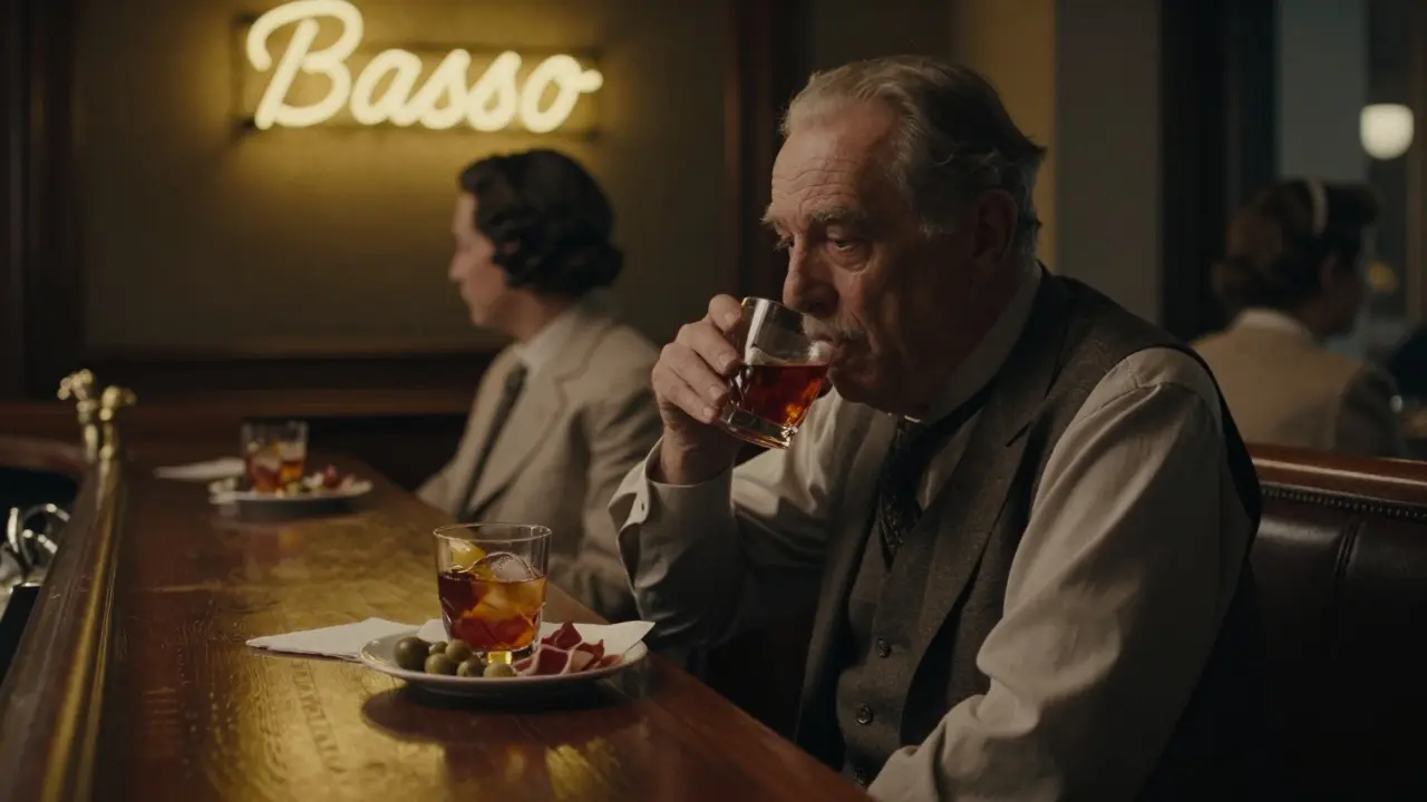 Classic Bar Basso interior with a Negroni and Italian snacks under soft neon glow.