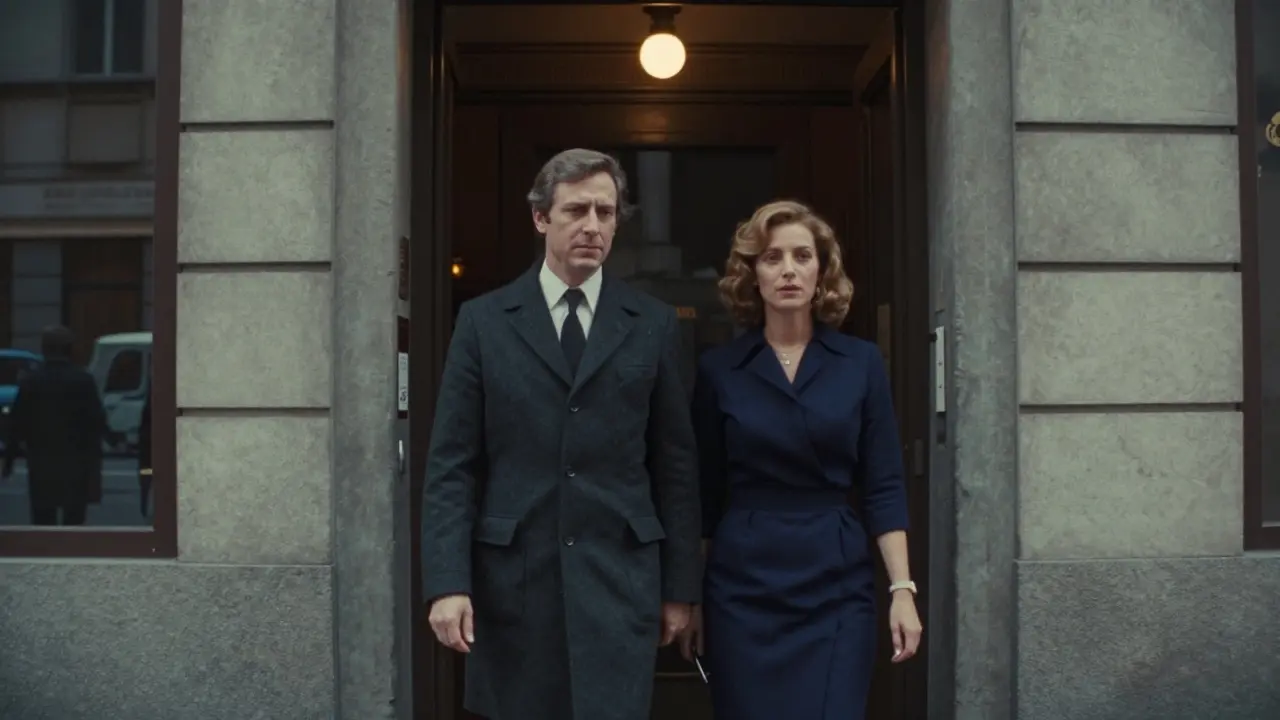 Couple approaching a hidden jazz club entrance in Milan, dressed in elegant, understated evening wear.